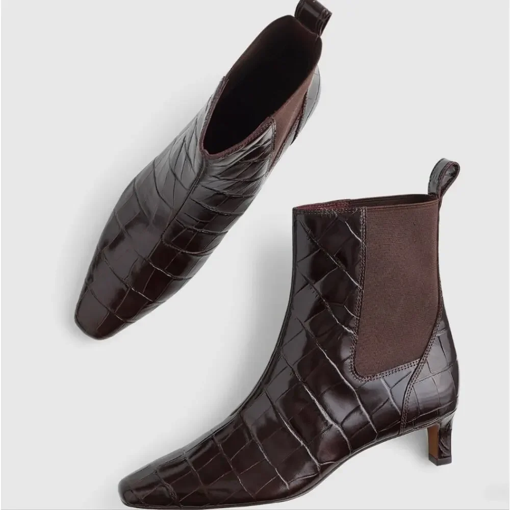 Madewell Dimes Coffee Bean Brown Croc Leather Chelsea Boot Kitten Heel Boots 8